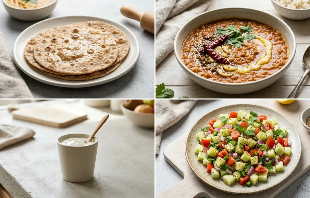 Whole Wheat Roti with Kadhi, Masoor Dal, Plain Yogurt Cup and No-Salt Lemon Cucumber Kachumber