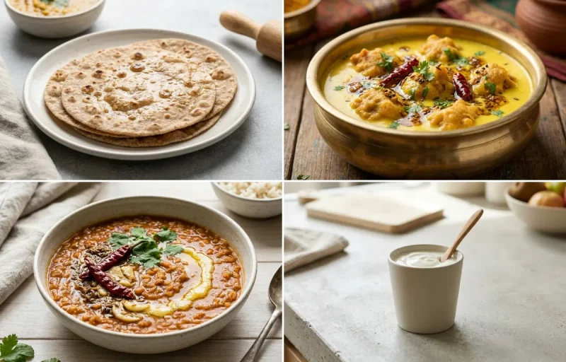Whole Wheat Roti with Kadhi Pakora, Masoor Dal and Plain Yogurt Cup