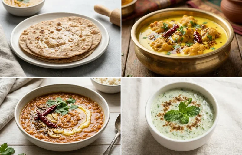 Whole Wheat Roti with Kadhi Pakora, Masoor Dal, Mint Raita and Mooli Cucumber Salad