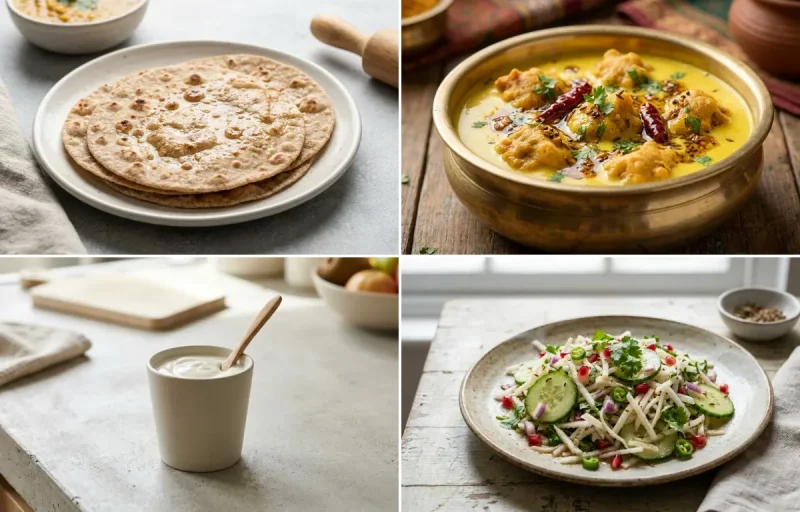 Whole Wheat Roti with Kadhi Pakora, Vegan Masoor Dal, Plain Yogurt Cup and Mooli Cucumber Salad