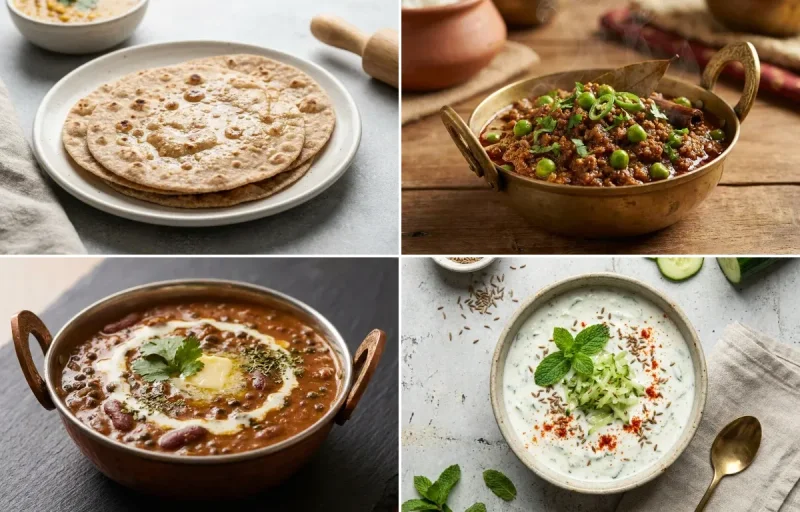 Whole Wheat Roti with Keema Matar, Dal Makhani, Cucumber Mint Raita and No-Salt Lemon Cucumber Kachumber