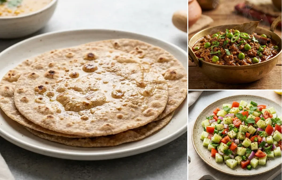 Whole Wheat Roti with Keema Matar, Toor Dal Tadka, Plain Yogurt Cup and No-Salt Lemon Cucumber Kachumber