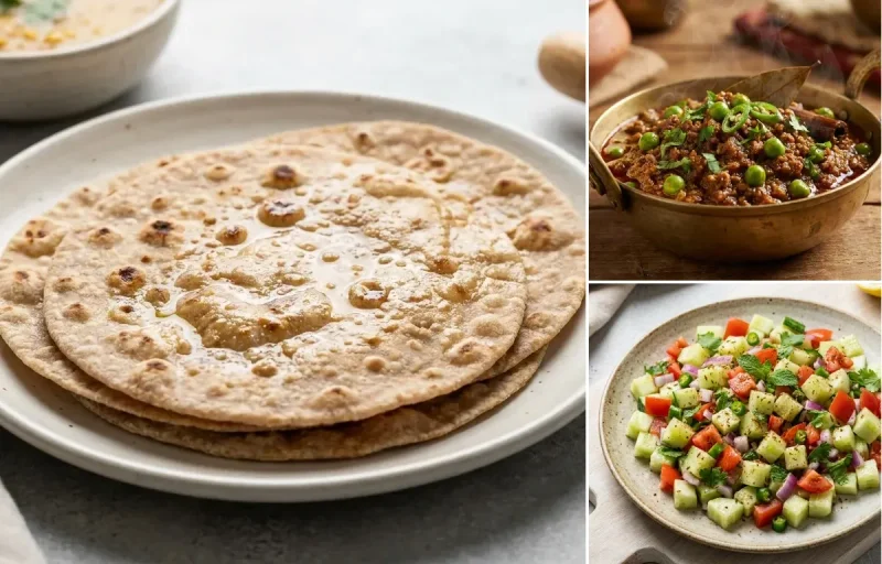 Whole Wheat Roti with Keema Matar, Toor Dal Tadka, Plain Yogurt Cup and No-Salt Lemon Cucumber Kachumber