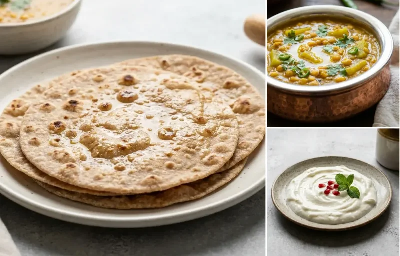 Whole Wheat Roti with Lauki Chana Dal and Plain Curd