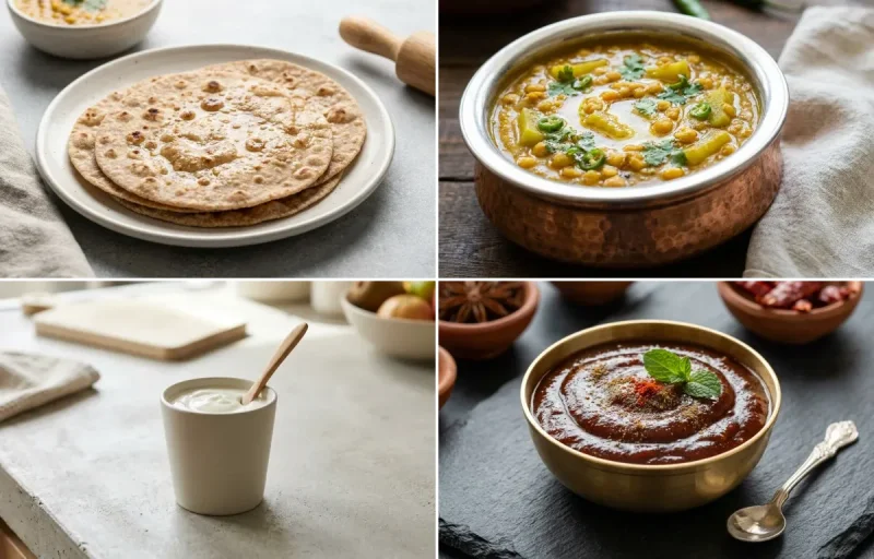 Whole Wheat Roti with Lauki Chana Dal, Plain Yogurt Cup and Tamarind Date Chutney