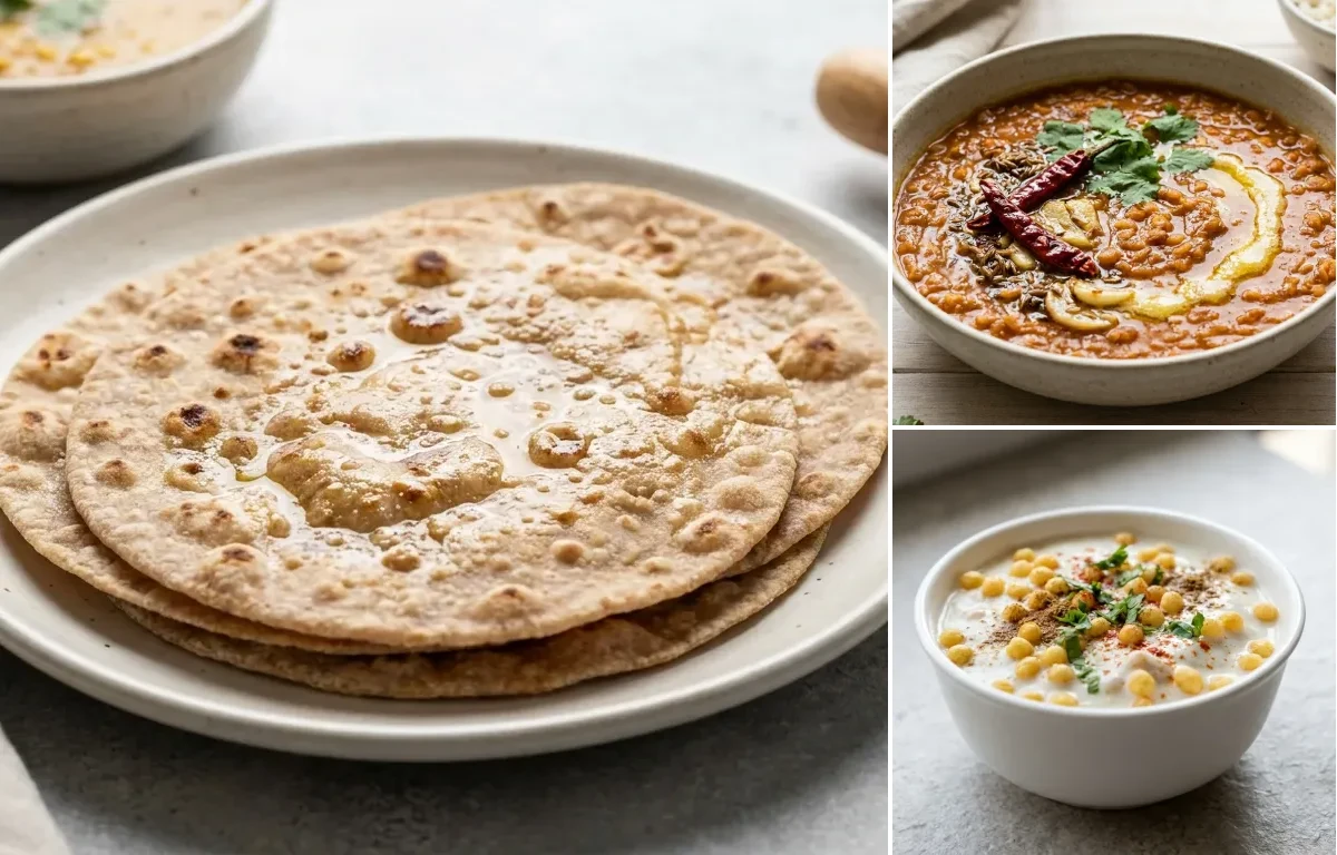 Whole Wheat Roti with Masoor Dal, Dal Palak and Boondi Raita