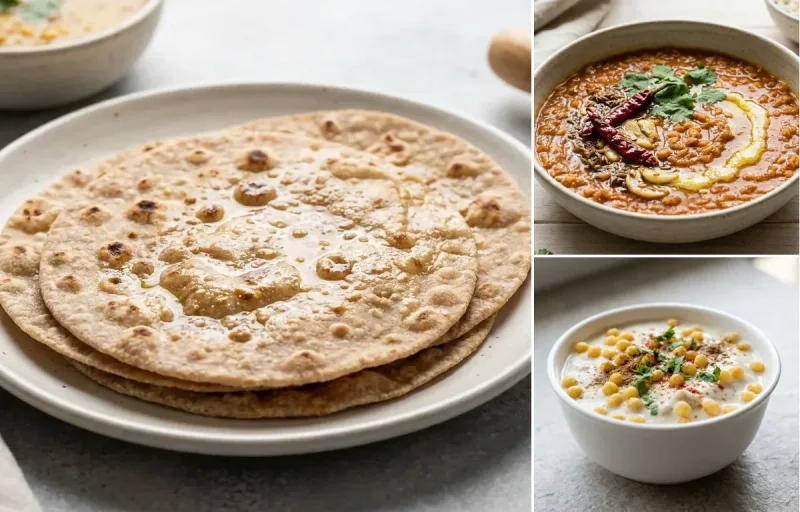 Whole Wheat Roti with Masoor Dal, Dal Palak and Boondi Raita