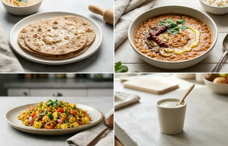 Whole Wheat Roti with Masoor Dal, Vegan Tofu Bhurji, Plain Yogurt Cup and Mooli Cucumber Salad