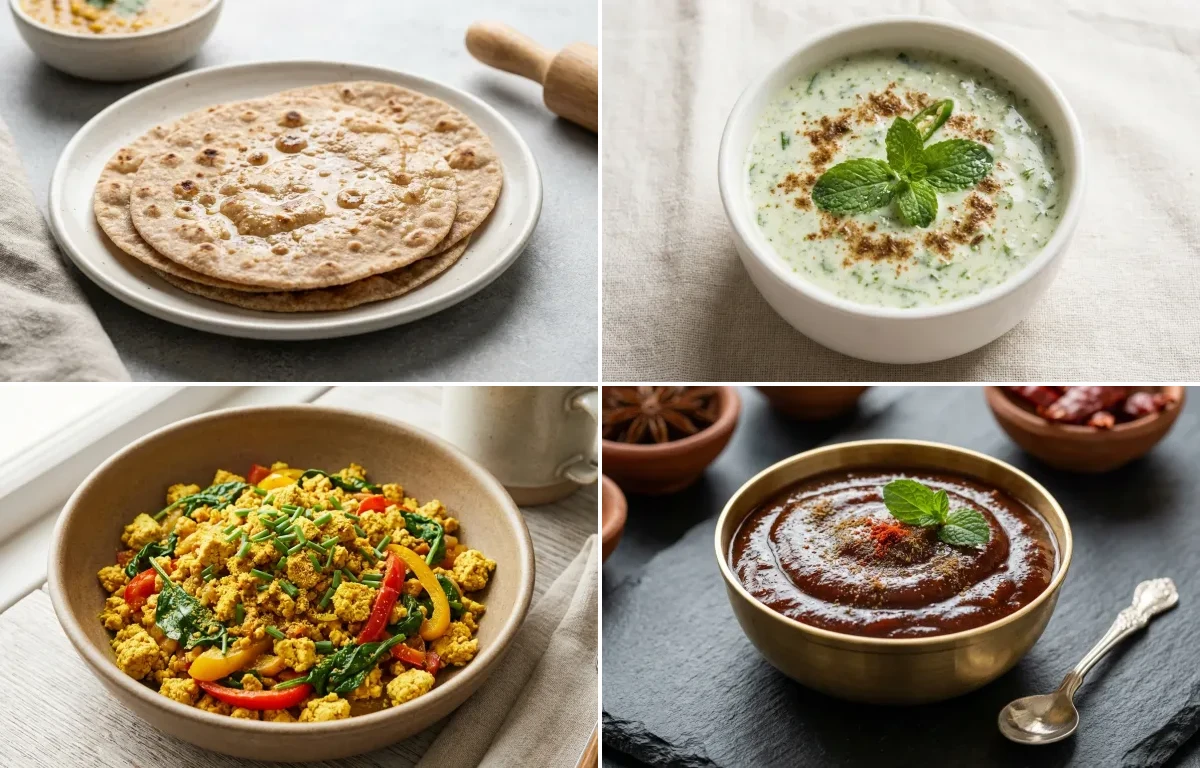 Whole Wheat Roti with Mint Raita, Tofu Scramble, Hard Boiled Egg With Cucumber and Tamarind Date Chutney
