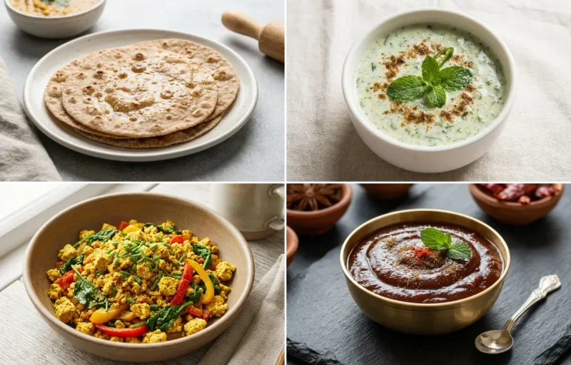 Whole Wheat Roti with Mint Raita, Tofu Scramble, Hard Boiled Egg With Cucumber and Tamarind Date Chutney