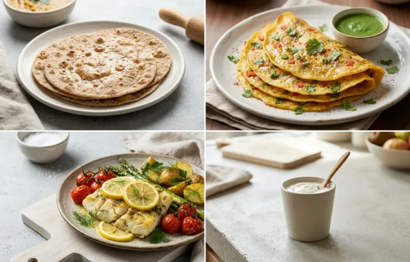 Whole Wheat Roti with Moong Dal Chilla, Baked Cod With Lemon, Plain Yogurt Cup and Mooli Cucumber Salad