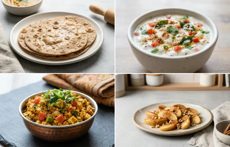 Whole Wheat Roti with Onion Tomato Raita, Paneer Bhurji, Apple With Cinnamon and Mint Coriander Chutney No-Salt