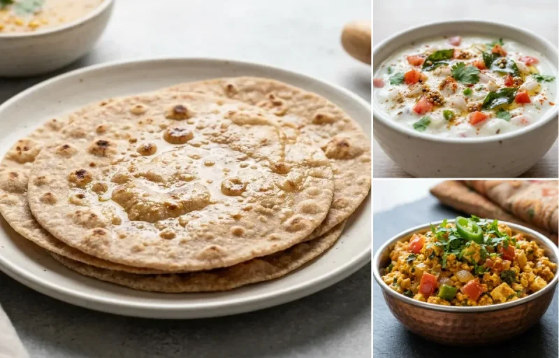 Whole Wheat Roti with Onion Tomato Raita, Paneer Bhurji, Cucumber Chaat and Mint Coriander Chutney No-Salt