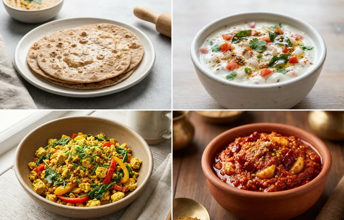 Whole Wheat Roti with Onion Tomato Raita, Tofu Scramble, Yogurt With Fruit and Garlic Chutney