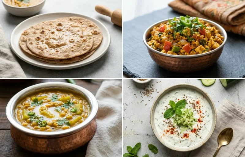 Whole Wheat Roti with Paneer Bhurji, Lauki Chana Dal, Cucumber Mint Raita and No-Salt Lemon Cucumber Kachumber