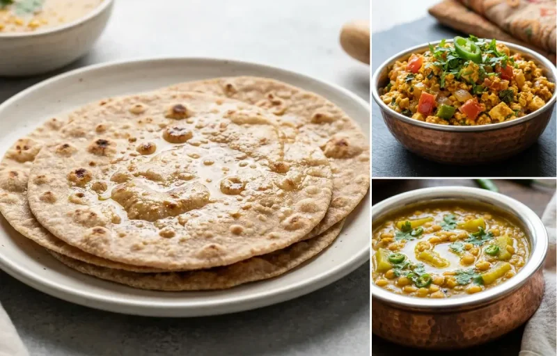 Whole Wheat Roti with Paneer Bhurji, Lauki Chana Dal, Mint Raita and Cucumber Carrot Sticks With Mint Yogurt Dip