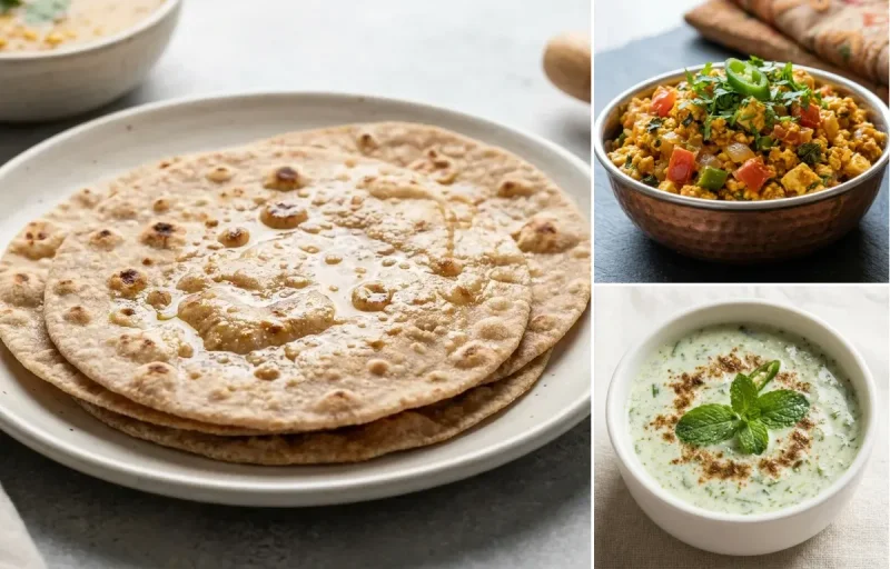 Whole Wheat Roti with Paneer Bhurji, Toor Dal Tadka, Mint Raita and Carrot Cucumber Salad