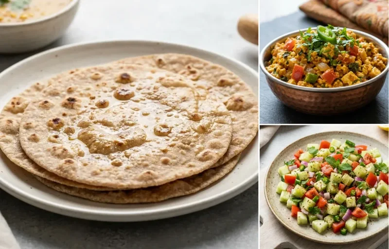 Whole Wheat Roti with Paneer Bhurji, Urad Dal, Cucumber Carrot Sticks With Mint Yogurt Dip and No-Salt Lemon Cucumber Kachumber