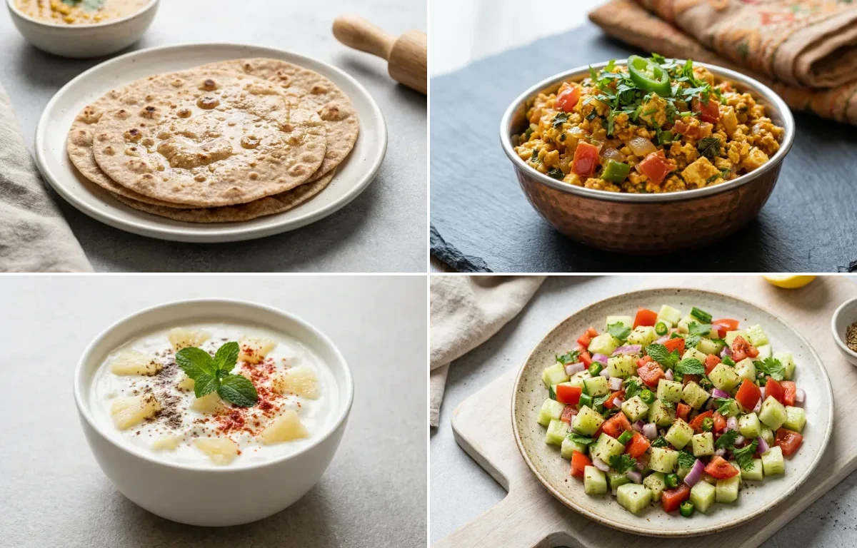 Whole Wheat Roti with Paneer Bhurji, Urad Dal, Pineapple Raita and No-Salt Lemon Cucumber Kachumber