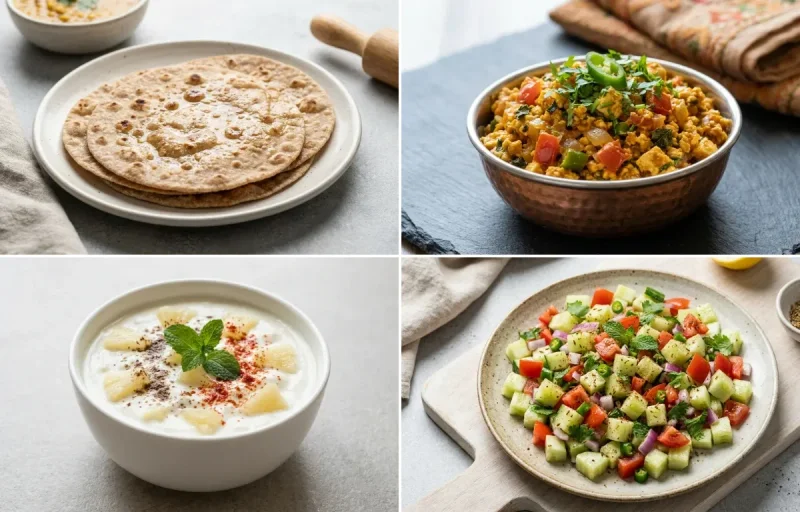 Whole Wheat Roti with Paneer Bhurji, Urad Dal, Pineapple Raita and No-Salt Lemon Cucumber Kachumber