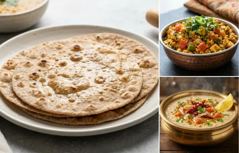 Whole Wheat Roti with Paneer Bhurji, Urad Dal Tadka, Onion Tomato Raita and Cucumber Carrot Sticks With Mint Yogurt Dip