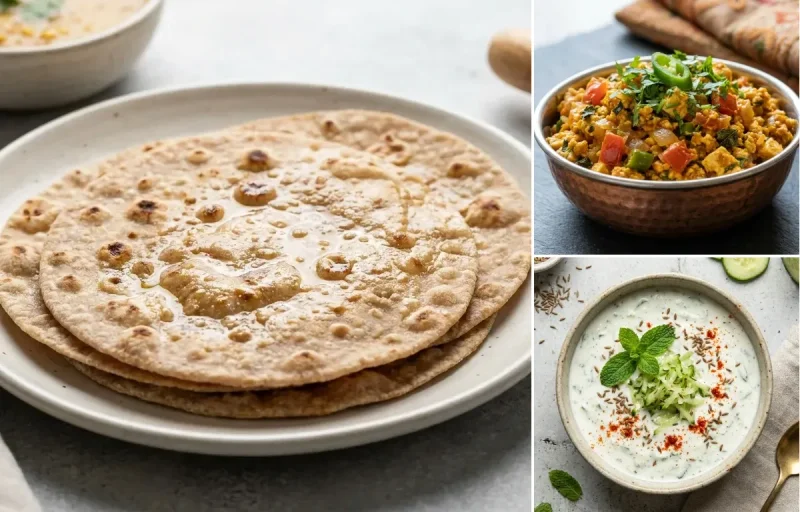 Whole Wheat Roti with Paneer Bhurji, Yellow Dal Fry, Cucumber Mint Raita and Carrot Cucumber Salad