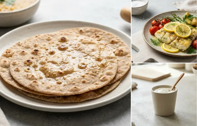 Whole Wheat Roti with Paneer Stuffed Moong Dal Chilla, Baked Cod With Lemon and Plain Yogurt Cup