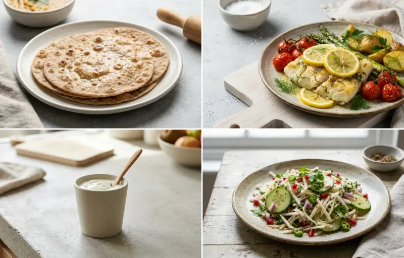 Whole Wheat Roti with Paneer Stuffed Moong Dal Chilla, Baked Cod With Lemon, Plain Yogurt Cup, Mooli Cucumber Salad and Cooked Steamed White Rice Half Cup