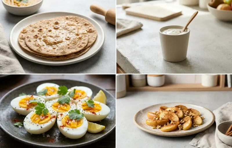 Whole Wheat Roti with Plain Yogurt Cup, Boiled Egg, Apple With Cinnamon and Tamarind Date Chutney