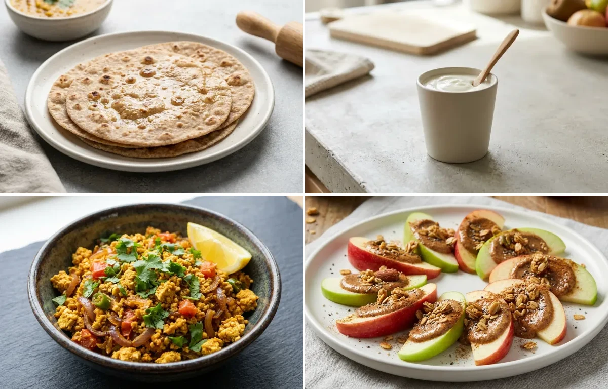 Whole Wheat Roti with Plain Yogurt Cup, Tofu Bhurji, Apple Slices With Almond Butter and Mint Coriander Chutney No-Salt