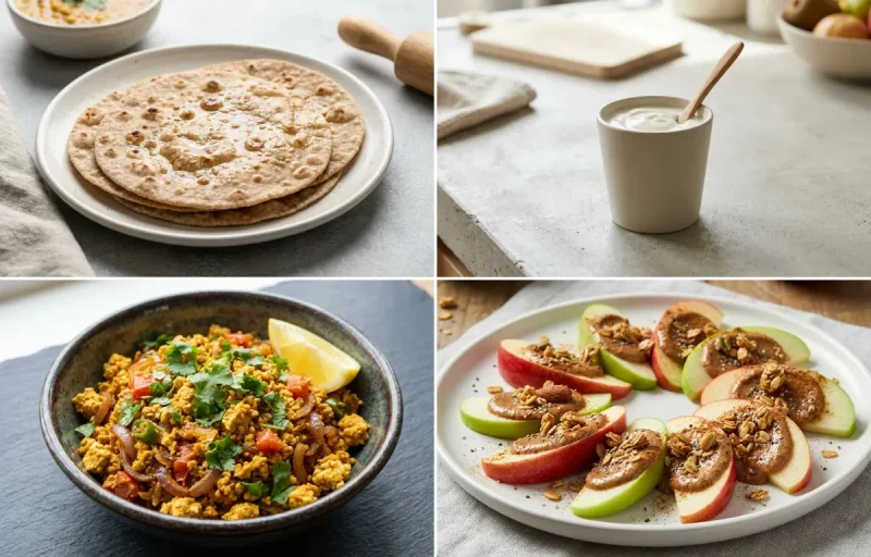 Whole Wheat Roti with Plain Yogurt Cup, Tofu Bhurji, Apple Slices With Almond Butter and Mint Coriander Chutney No-Salt