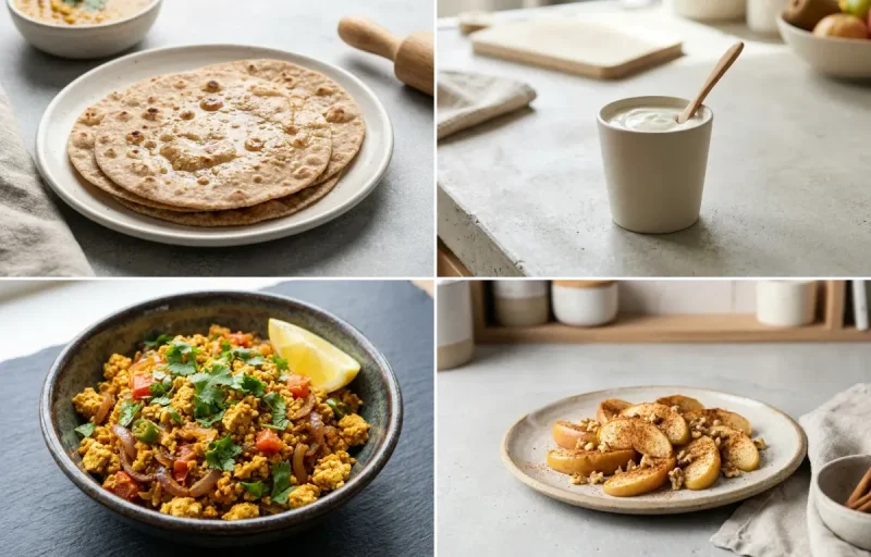 Whole Wheat Roti with Plain Yogurt Cup, Tofu Bhurji, Apple With Cinnamon and Garlic Chutney
