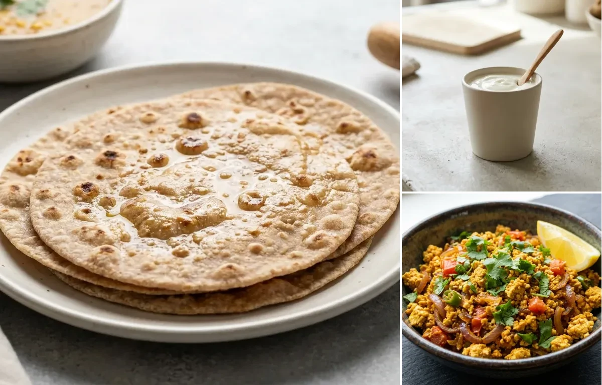 Whole Wheat Roti with Plain Yogurt Cup, Tofu Bhurji, Mixed Berry Bowl With Walnuts and Mint Coriander Chutney No-Salt