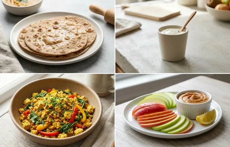 Whole Wheat Roti with Plain Yogurt Cup, Tofu Scramble, Apple Slices With Peanut Butter and Mint Coriander Chutney No-Salt