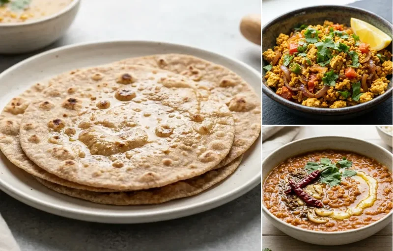 Whole Wheat Roti with Tofu Bhurji, Masoor Dal, Plain Yogurt Cup and Cucumber Carrot Sticks With Mint Yogurt Dip