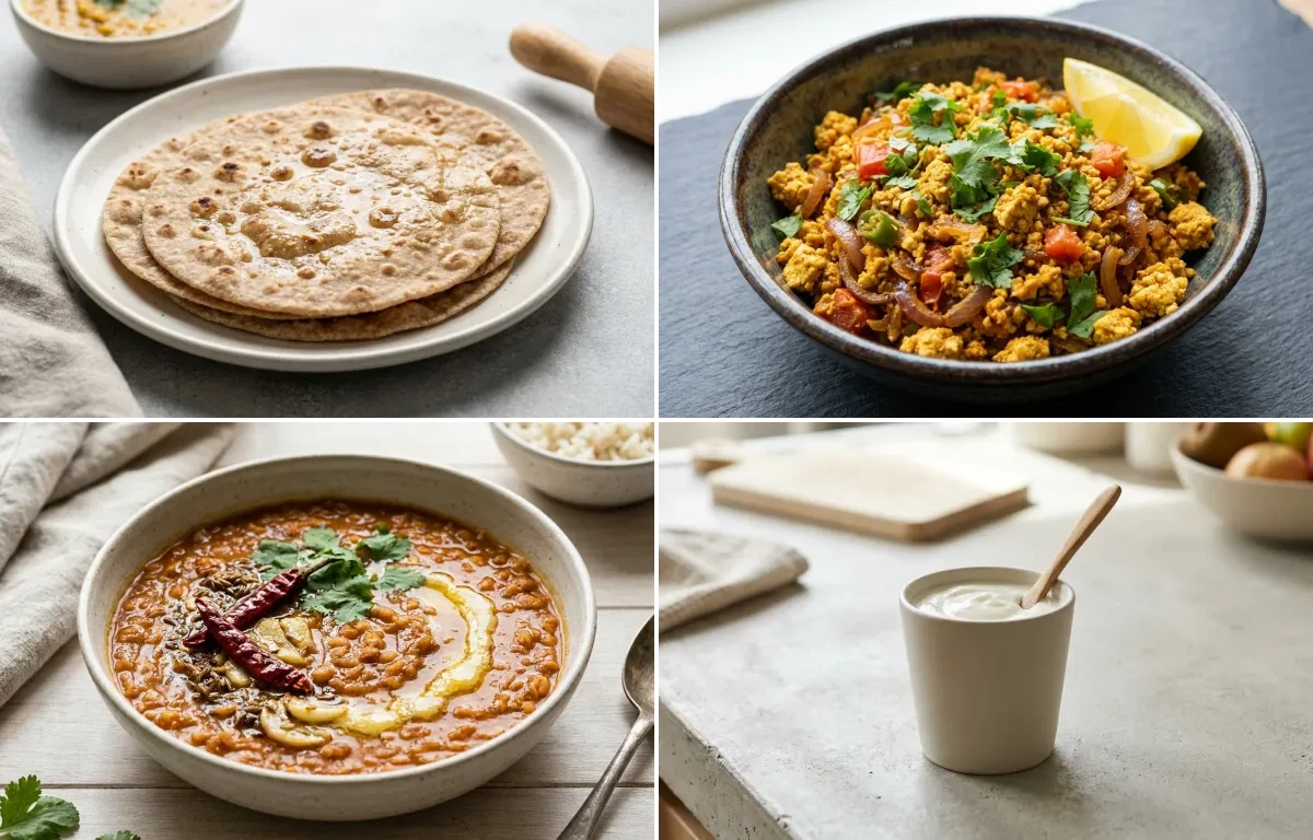 Whole Wheat Roti with Tofu Bhurji, Masoor Dal, Plain Yogurt Cup and Mooli Cucumber Salad