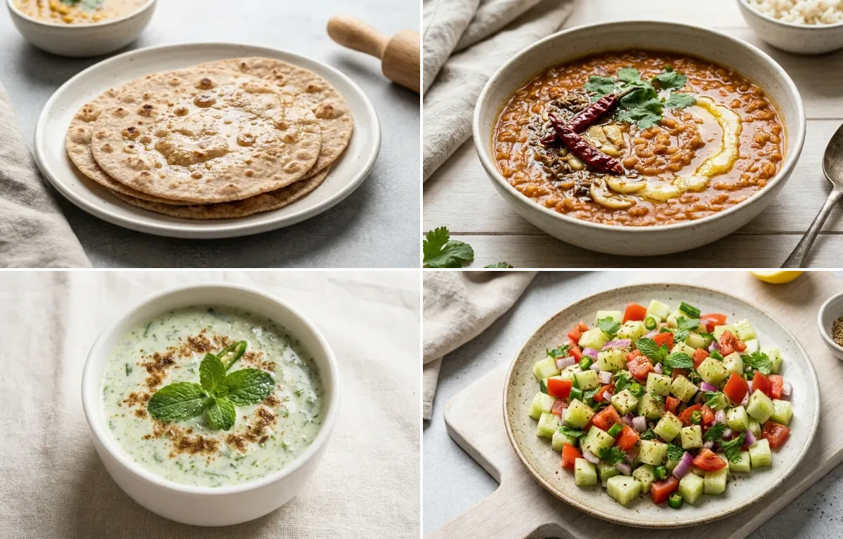 Whole Wheat Roti with Tofu Cubes Light Saute, Masoor Dal, Mint Raita and No-Salt Lemon Cucumber Kachumber