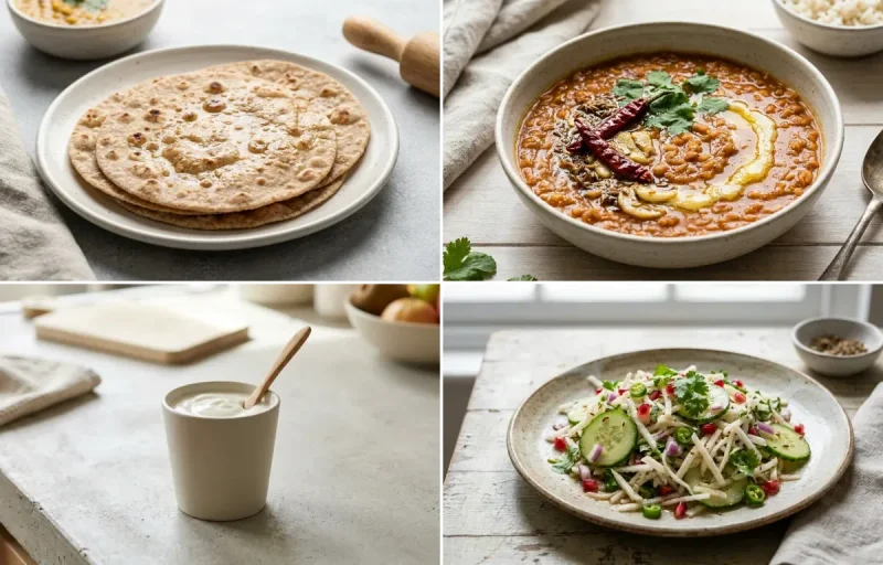 Whole Wheat Roti with Tofu Cubes Light Saute, Masoor Dal, Plain Yogurt Cup and Mooli Cucumber Salad