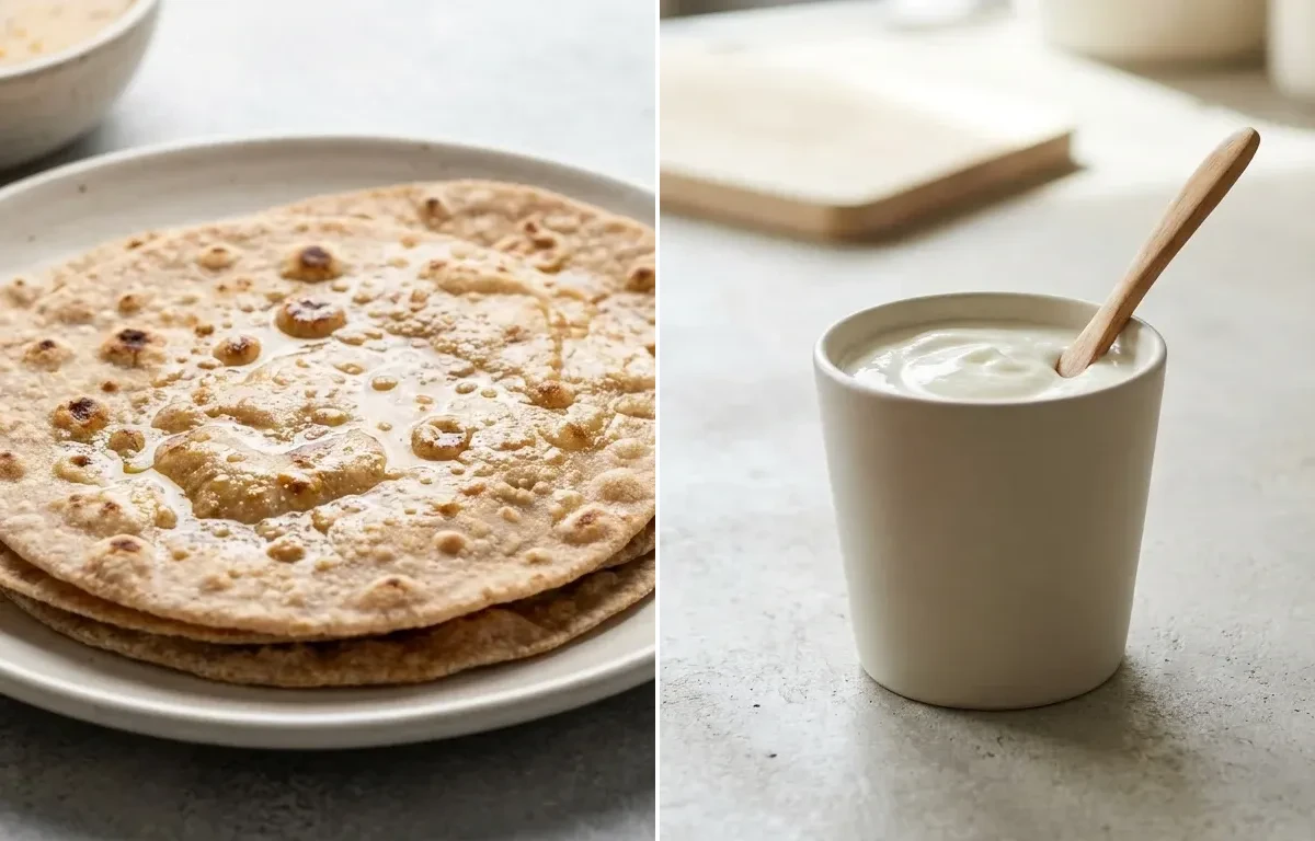 Whole Wheat Roti with Tofu Cubes Light Saute, Vegan Masoor Dal, Plain Yogurt Cup and Cucumber Carrot Sticks With Mint Yogurt Dip