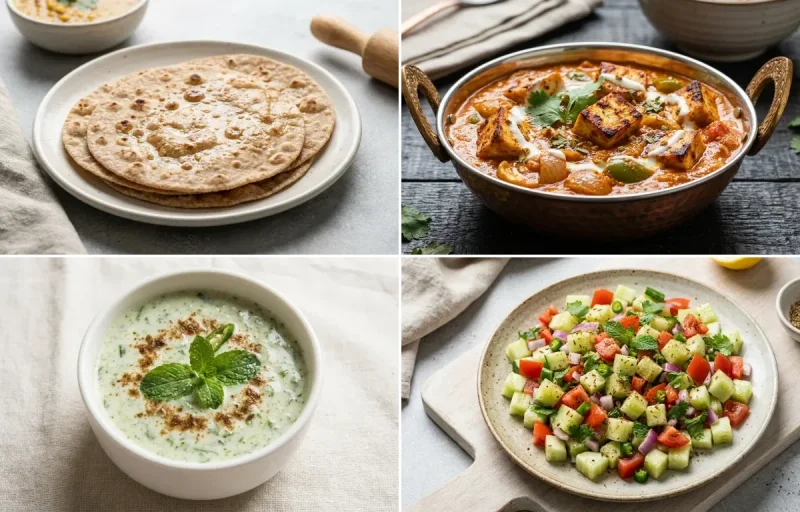 Whole Wheat Roti with Tofu Tikka Masala, Vegan Masoor Dal, Mint Raita and No-Salt Lemon Cucumber Kachumber