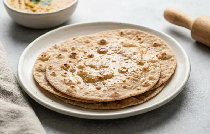 Whole Wheat Roti with Toor Dal Tadka, Egg Bhurji Main, Onion Tomato Raita and Cucumber Carrot Sticks With Mint Yogurt Dip