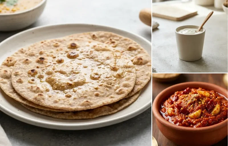 Whole Wheat Roti with Vegan Masoor Dal, Plain Yogurt Cup and Garlic Chutney