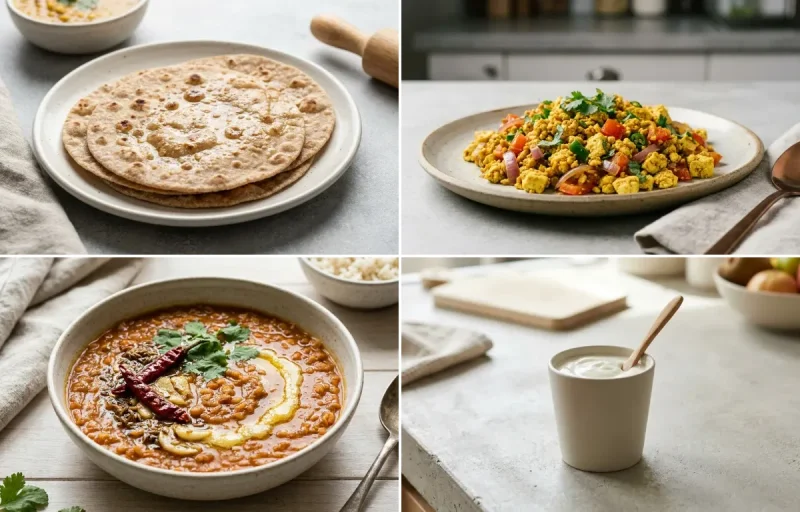 Whole Wheat Roti with Vegan Tofu Bhurji, Masoor Dal, Plain Yogurt Cup and No-Salt Lemon Cucumber Kachumber