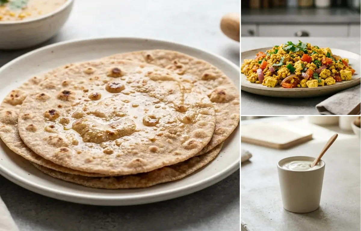 Whole Wheat Roti with Vegan Tofu Bhurji, Vegan Masoor Dal, Plain Yogurt Cup and Cucumber Carrot Sticks With Mint Yogurt Dip