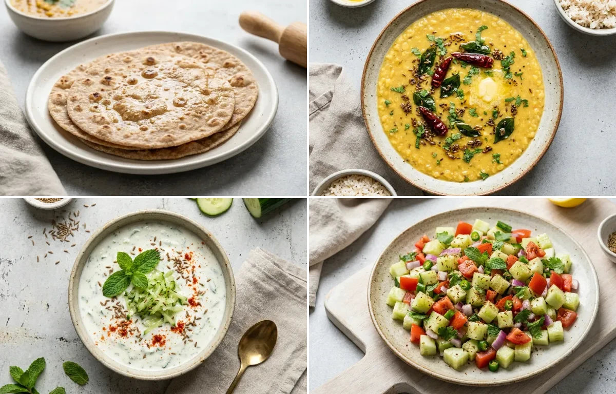 Whole Wheat Roti with Vegan Toor Dal, Egg Bhurji Main, Cucumber Mint Raita, No-Salt Lemon Cucumber Kachumber and Cooked Brown Rice Half Cup