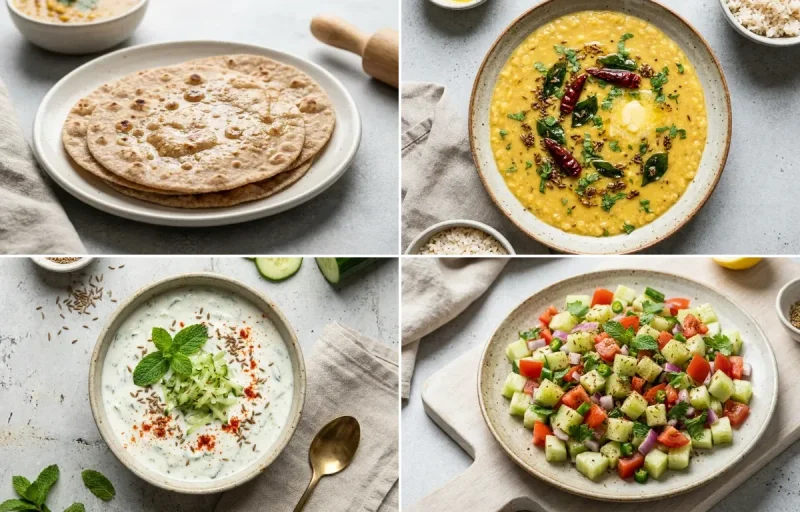 Whole Wheat Roti with Vegan Toor Dal, Egg Bhurji Main, Cucumber Mint Raita, No-Salt Lemon Cucumber Kachumber and Cooked Steamed White Rice Half Cup