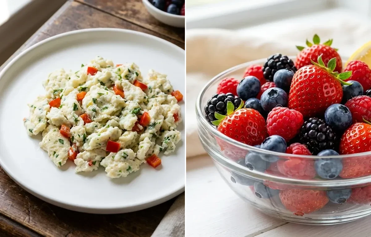 Scrambled Egg Whites with Mixed Fresh Berries and Whole Wheat Toast