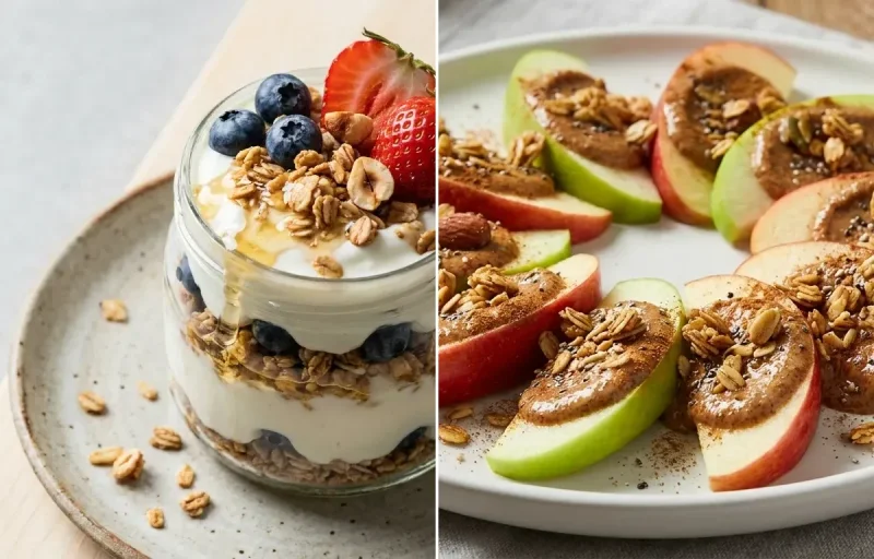 Whole Wheat Waffles with Greek Yogurt Cup and Apple Slices With Almond Butter