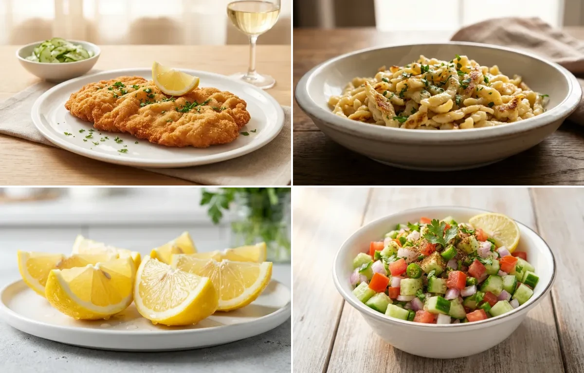 Wiener Schnitzel with Spätzle, Lemon Wedges and Kachumber