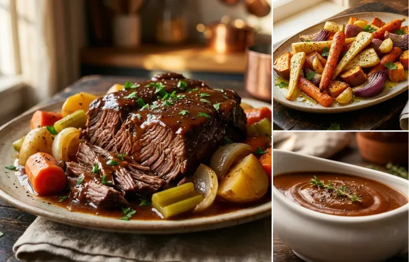 Yankee Pot Roast with Roasted Root Vegetables and Brown Gravy